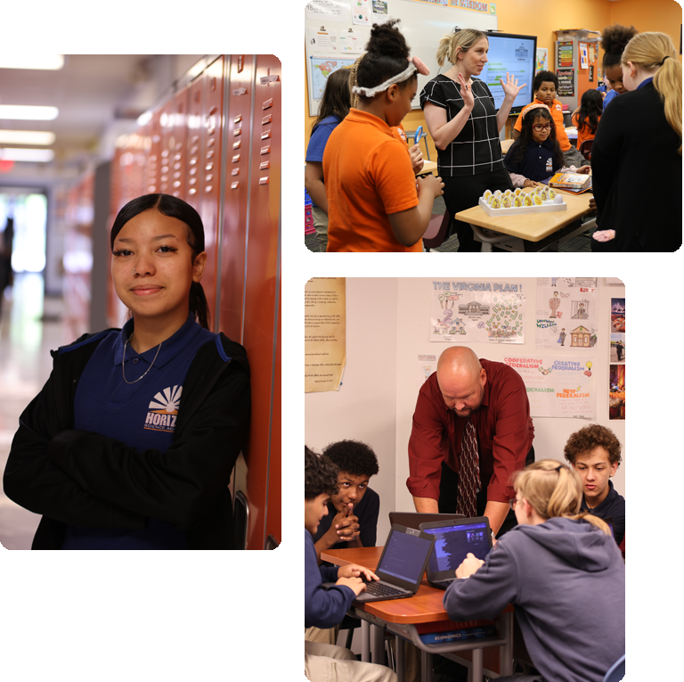 Students engaged in learning and interacting in a classroom collage