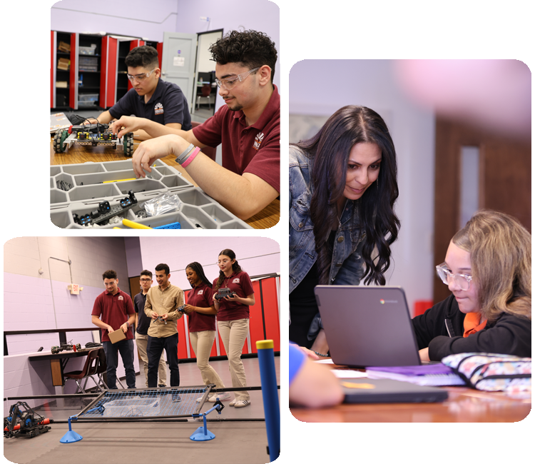 Collage showcasing various student activities including academics, science, and hands-on projects.